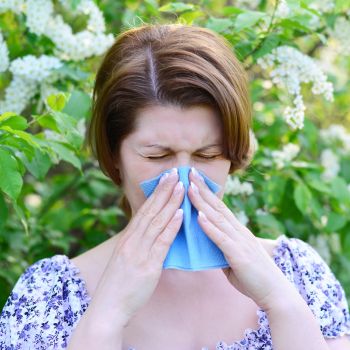 allergies makes a woman sneeze in a field of flowers.