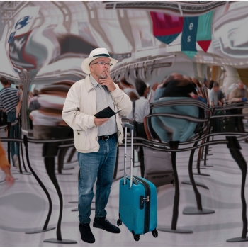 Man experiencing brain fog at the airport. He looks confused and the airport terminal interior is swirling in the background.