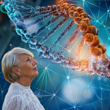 Older lady looking at artistic concept of DNA